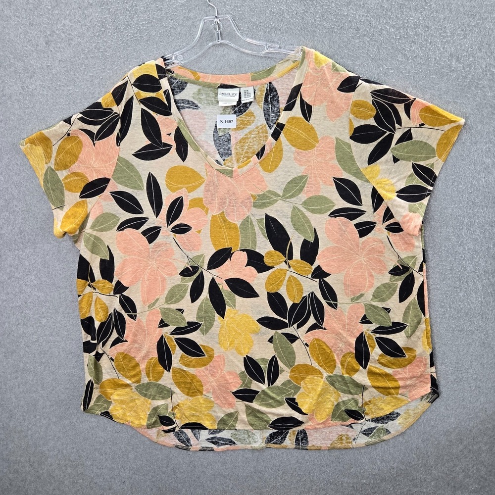 Rachel Roe Women Top 3X Yellow 100% Linen Shirt Short Sleeve V Neck